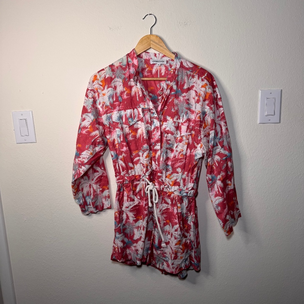 Overlover Palm Print Romper Women's MD Red Multi Tropical Resort Boho Chic